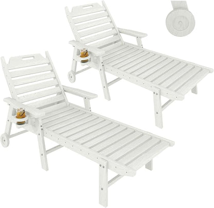 2 Pack HDPE Lounge Chair Outdoor with Cup Holder & 5-Position Backrest | All-Weather & Wood Textured for Patio Poolside Deck Backyard, White