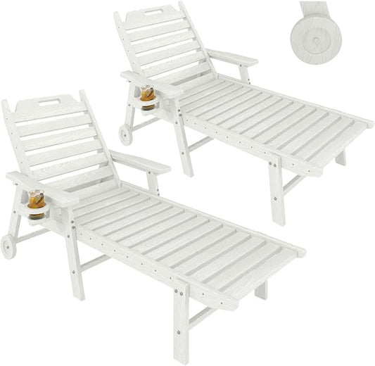 2 Pack HDPE Lounge Chair Outdoor with Cup Holder & 5-Position Backrest | All-Weather & Wood Textured for Patio Poolside Deck Backyard, White