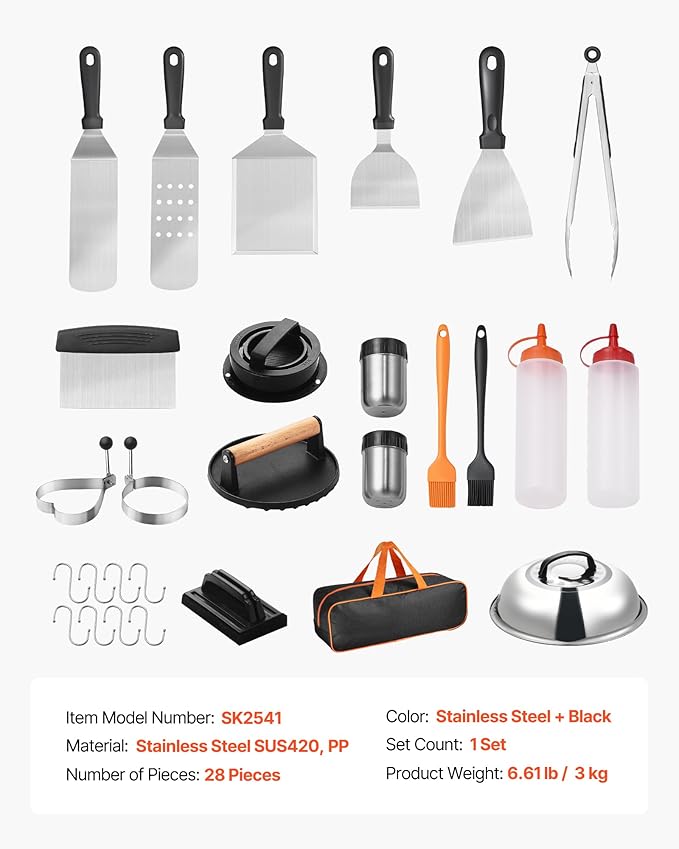 VEVOR 28PCS Griddle Accessories Kit, Flat Top Grill Accessory, Enlarged Spatula Gift Set, Stainless Steel Grilling Tools with Basting Cover, Tong, Burger Press, Carry Bag, for Outdoor BBQ Teppanyaki