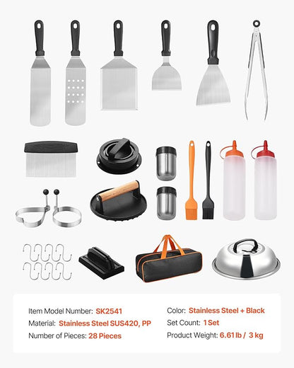 VEVOR 28PCS Griddle Accessories Kit, Flat Top Grill Accessory, Enlarged Spatula Gift Set, Stainless Steel Grilling Tools with Basting Cover, Tong, Burger Press, Carry Bag, for Outdoor BBQ Teppanyaki