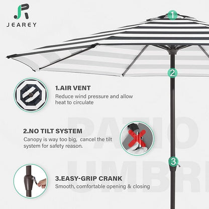 JEAREY 12' Patio Umbrellas Outdoor Table Market Umbrella w/Crank, 8 Sturdy Ribs, UV Protection Windproof for Garden, Deck, Backyard, Pool(Black Striped)