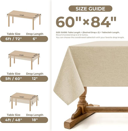 Decorelia Faux Linen Farmhouse Table Cloth 60"x84" for 4-6 ft Rectangle Table, Beige Waterproof Outdoor Washable Cloth Tablecloth for Rectangular Dining Room Kitchen Outdoor Party Restaurant Decor