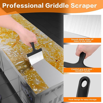 Heavy Duty Stainless Steel Grill Scraper, 3-in-1 Professional Griddle Scraper for Blackstone Grill Accessories with Comfort Grip Handle - for Flat Top Grill & Outdoor Barbecue Tools
