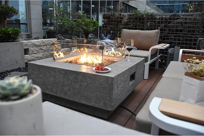 Elementi Manhattan Outdoor Fire Pit Table 36 Inches Square Firepit Concrete Patio Heater Electronic Ignition Backyard Fireplace Cover Lava Rock Included Liquid Propane