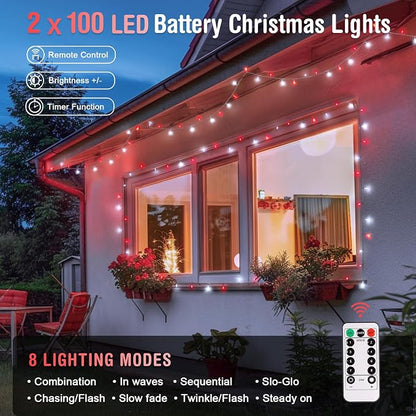 JMEXSUSS 2 Pack Red and White Battery Christmas Lights | Each 33ft 100 LED Battery Powered String Lights with Remote for Tree Patio Yard House Party Birthday Outside
