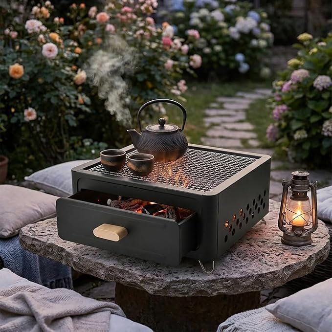 LOGOFUN Portable Charcoal Grill with Enamel Griddle Pan Japanese Style Tabletop BBQ for Outdoor Camping Folding Barbecue Hibachi Backyard Patio Balcony
