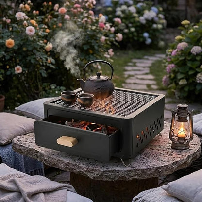 LOGOFUN Portable Charcoal Grill with Enamel Griddle Pan Japanese Style Tabletop BBQ for Outdoor Camping Folding Barbecue Hibachi Backyard Patio Balcony