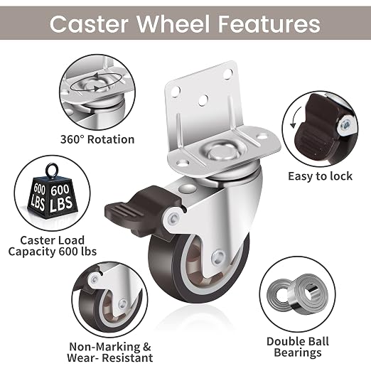 Nefish 2 Inch Side Mount Casters 8 Pack, L-Shaped TPR Rubber Caster Set of 8, Ball Bearing 360 Degree Plate Swivel Castors Wheel, Corner Castors Wheels for Furniture, Baby Bed, Kitchen, Cabinet, Table
