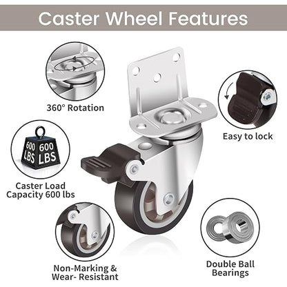 Nefish 2 Inch Side Mount Casters 8 Pack, L-Shaped TPR Rubber Caster Set of 8, Ball Bearing 360 Degree Plate Swivel Castors Wheel, Corner Castors Wheels for Furniture, Baby Bed, Kitchen, Cabinet, Table