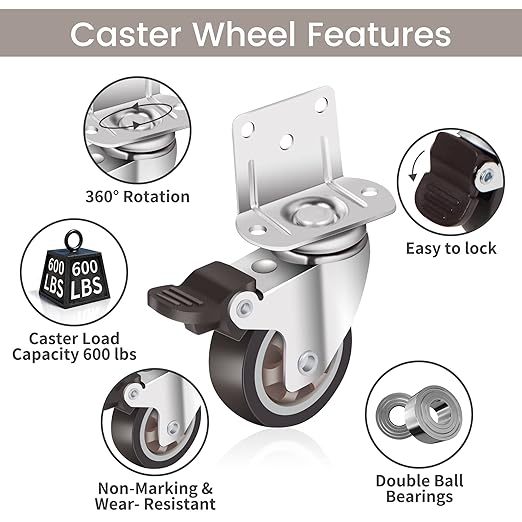 Nefish Side Mount Casters 2 Inch L-Shaped Small Rubber Caster Set of 4, Ball Bearing 360 Degree Plate Swivel Castors Wheel 600 LBS, Casters Wheels for Furniture, Baby Bed, Kitchen, Cabinet, Table