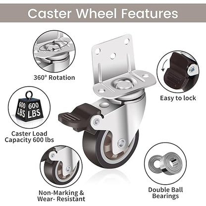 Nefish Side Mount Casters 2 Inch L-Shaped Small Rubber Caster Set of 4, Ball Bearing 360 Degree Plate Swivel Castors Wheel 600 LBS, Casters Wheels for Furniture, Baby Bed, Kitchen, Cabinet, Table