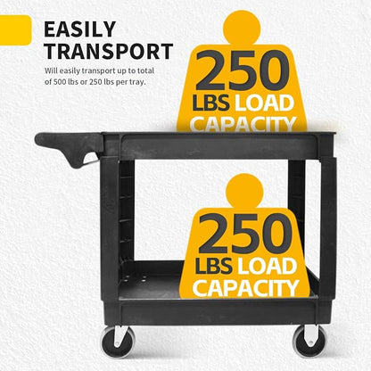 MaxWorks Heavy Duty 2‑Shelf Service Cart 500 lb Capacity Polypropylene Utility Cart with 5" Non‑Marring Casters Deep Trays and Built‑In Tool Storage for Garage Warehouse Workshop (80855)