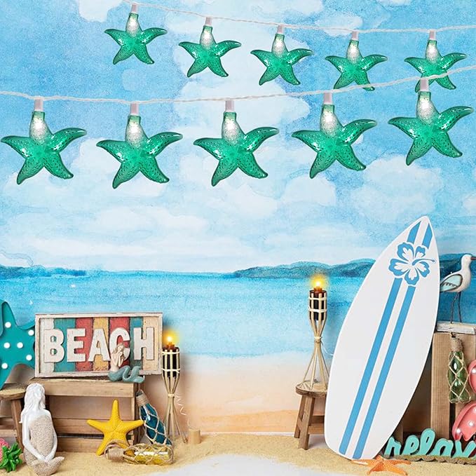 Ocean Themed Starfish String Lights 8.3Ft Marine Fairy String Lights 10 LED Green Starfish Lights, Waterproof Connectable Hanging Tropical Lights for Ocean Room Patio Garden Decor, Warm White