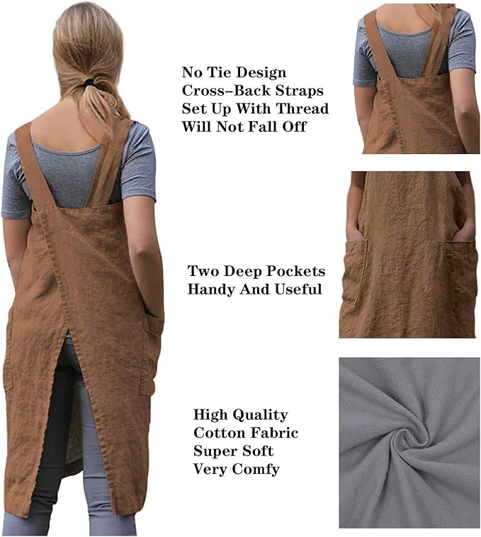 TBA Cotton Linen Apron Cross Back Apron for Women with Big Pockets Square Pinafore Dress for Baking Cooking BBQ & Grill