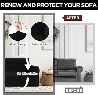 Peryiter 3 Pcs Couch and Loveseat Sofa Covers,Black,Fleece | Armchair Covers for Living Room, Sofa Cushion Slipcover, Furniture Protector, Polyester and Spandex, Washable