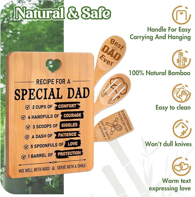 Fathers Day for Dad Gifts - "Recipe for a Special Dad" Cutting Board Birthday Dad Gifts, Bamboo-Made Engraved Light-Duty Use Chopping Board or Kitchen Decor, Suitable for Serving Tray Entertaining.
