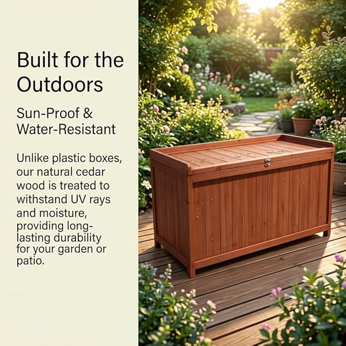 75 Gallon Wood Deck Box,Outdoor Storage Bench Container for Patio Furniture Cushions, Pillows, Garden Tools,Pool Accessories (Wood)