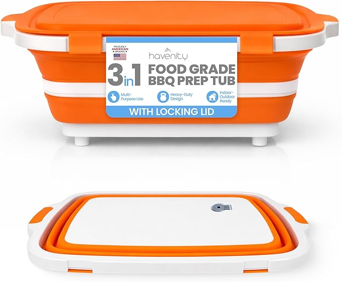 BBQ Prep Tub 8L - Multifunctional Collapsible Camping Cutting Board with Upgraded Locking Lid, Meat Storage Container for Meal Prep, Dish Basin Bowl Perfect for Grilling Outdoor (Large)