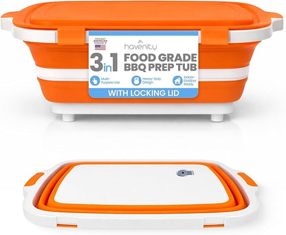 BBQ Prep Tub 8L - Multifunctional Collapsible Camping Cutting Board with Upgraded Locking Lid, Meat Storage Container for Meal Prep, Dish Basin Bowl Perfect for Grilling Outdoor (Large)