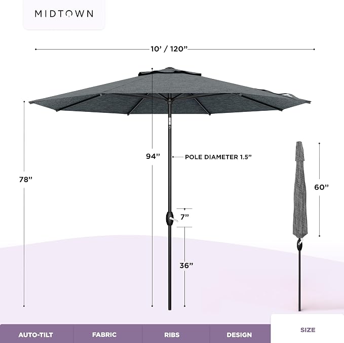 Midtown Umbrellas – The Lean 10 Ft Patio Umbrella with 10-Year-No-Fade Acrylast Acrylic Fabric, Auto-Tilt and 8 Reinforced Ribs for Deck, Pool, Garden, Hotel & Cafes – Stonecast Grey Canopy, Black Pole