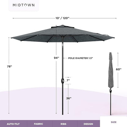 Midtown Umbrellas – The Lean 10 Ft Patio Umbrella with 10-Year-No-Fade Acrylast Acrylic Fabric, Auto-Tilt and 8 Reinforced Ribs for Deck, Pool, Garden, Hotel & Cafes – Stonecast Grey Canopy, Black Pole