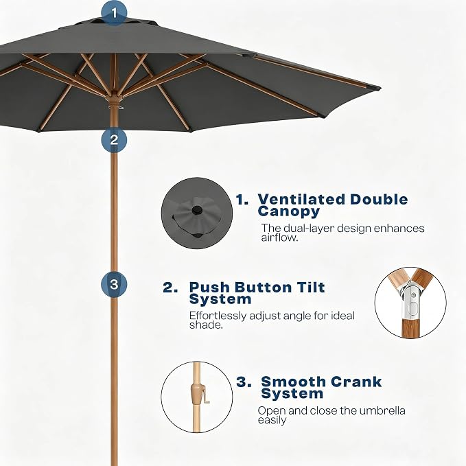 9ft Outdoor Patio Umbrella, Market Table Umbrella with Crank and Easy Push Button Tilt, Wood Grain Frame, UPF 50+ for Pool, Garden, Deck, Backyard