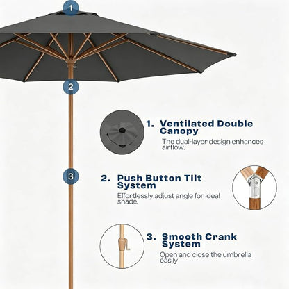 9ft Outdoor Patio Umbrella, Market Table Umbrella with Crank and Easy Push Button Tilt, Wood Grain Frame, UPF 50+ for Pool, Garden, Deck, Backyard