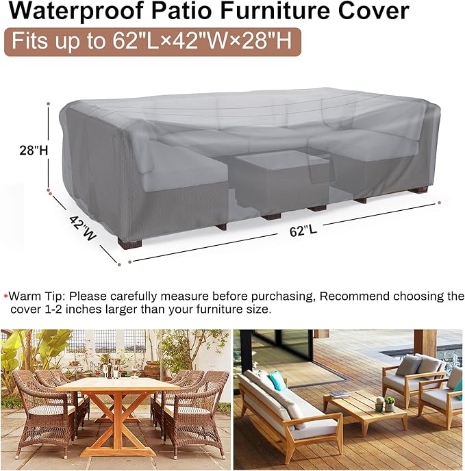 Mrrihand Heavy Duty Patio Furniture Covers, Outdoor Furniture Covers Waterproof Sectional Sofa Set , Patio Table and Chair Set Cover 62"L×42"W×28"H,Grey