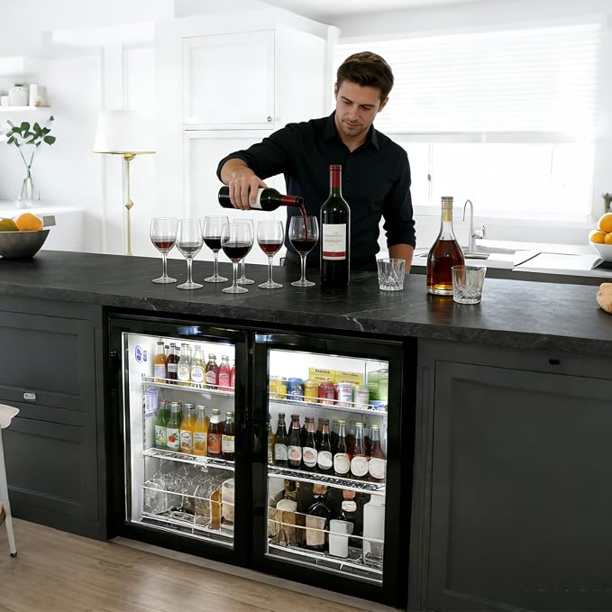 Back Bar Cooler Under Counter Beverage Refrigerator, 7.2 Cu Ft Undercounter Fridge,2 Door 35.5 inch Commercial Beer Built-In Cooler with LED Light Adjustable Shelves Safety Locks,ETL Approval