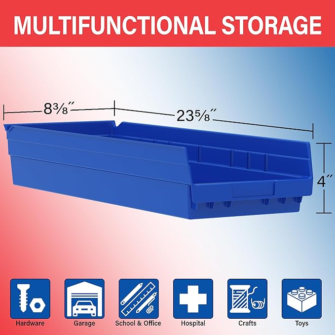 Akro-Mils 30184 Heavy Duty Plastic Shelf Bins, 24"x 8"x 4", Red, 6-Pack | Heavy Duty Nesting Storage Bins for Garage, Closet, Refrigerator, Kitchen, Cabinet, Drawer Organization, Pantry Organization