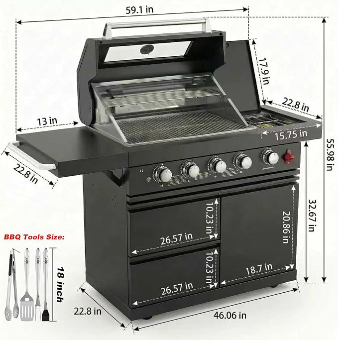 46" Outdoor BBQ Island Grill (No Sink/Fridge), 75,300 BTU 4 Burners + Side Burner, Infrared Rear Burner, LP/NG Convertible, Granite Top, Rotisserie, Stainless Steel Outdoor Kitchen Island