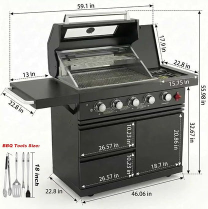 46" Outdoor BBQ Island Grill (No Sink/Fridge), 75,300 BTU 4 Burners + Side Burner, Infrared Rear Burner, LP/NG Convertible, Granite Top, Rotisserie, Stainless Steel Outdoor Kitchen Island