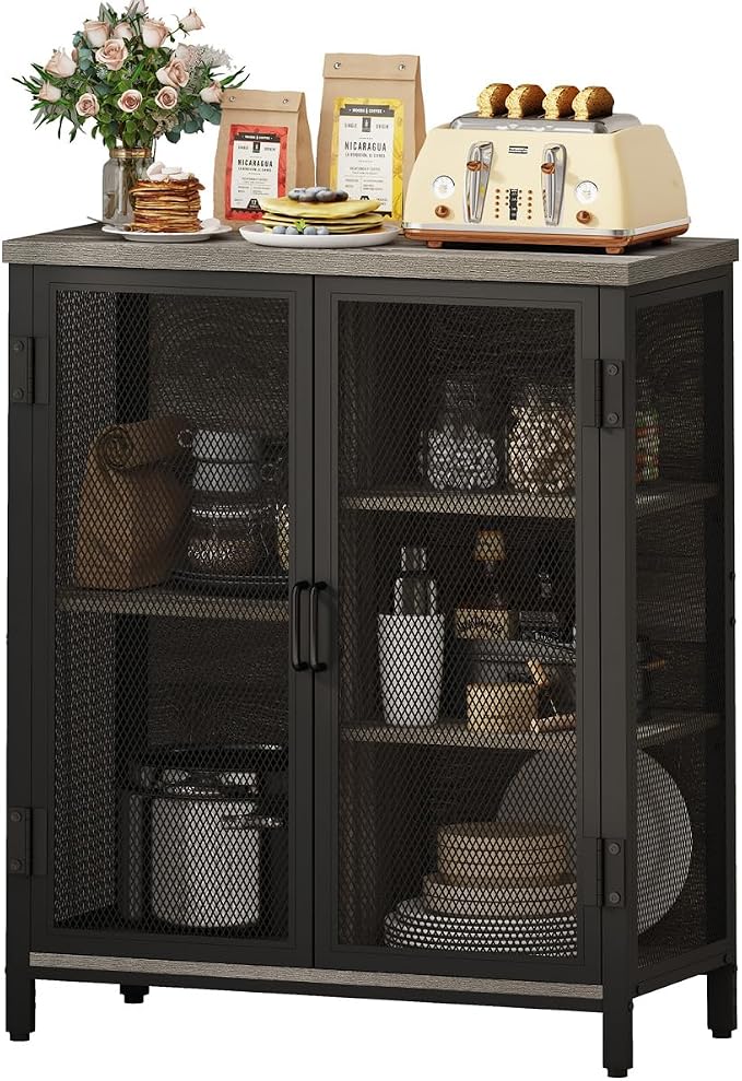 Small Coffee Bar Cabinet with Storage, Farmhouse Liquor Cabinet for Home Coffee Station, Wood Sideboard Buffet with Doors for Kitchen, Dining Room, Living Room, Dark Grey Oak