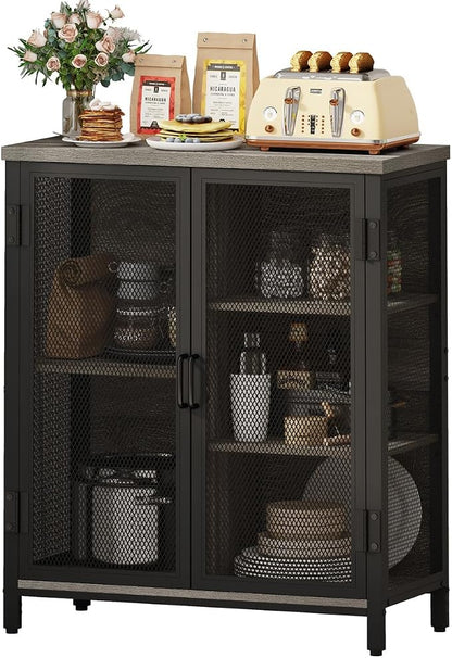 Small Coffee Bar Cabinet with Storage, Farmhouse Liquor Cabinet for Home Coffee Station, Wood Sideboard Buffet with Doors for Kitchen, Dining Room, Living Room, Dark Grey Oak