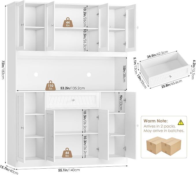 BOTLOG 72" Tall Kitchen Pantry Cabinet 15.7" D x 55.1" W x 72" H | Large Kitchen Hutch with Microwave Countertop, Coffee Bar Station with Drawer & Doors for Dining Room