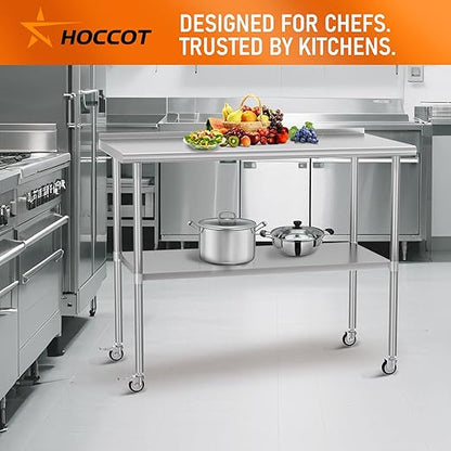 Stainless Steel Prep Table 24" X 48" with Adjustable Undershelf, Backsplash and Wheels, Commercial Metal Workstations for Kitchen, Garage, Outdoor BBQ