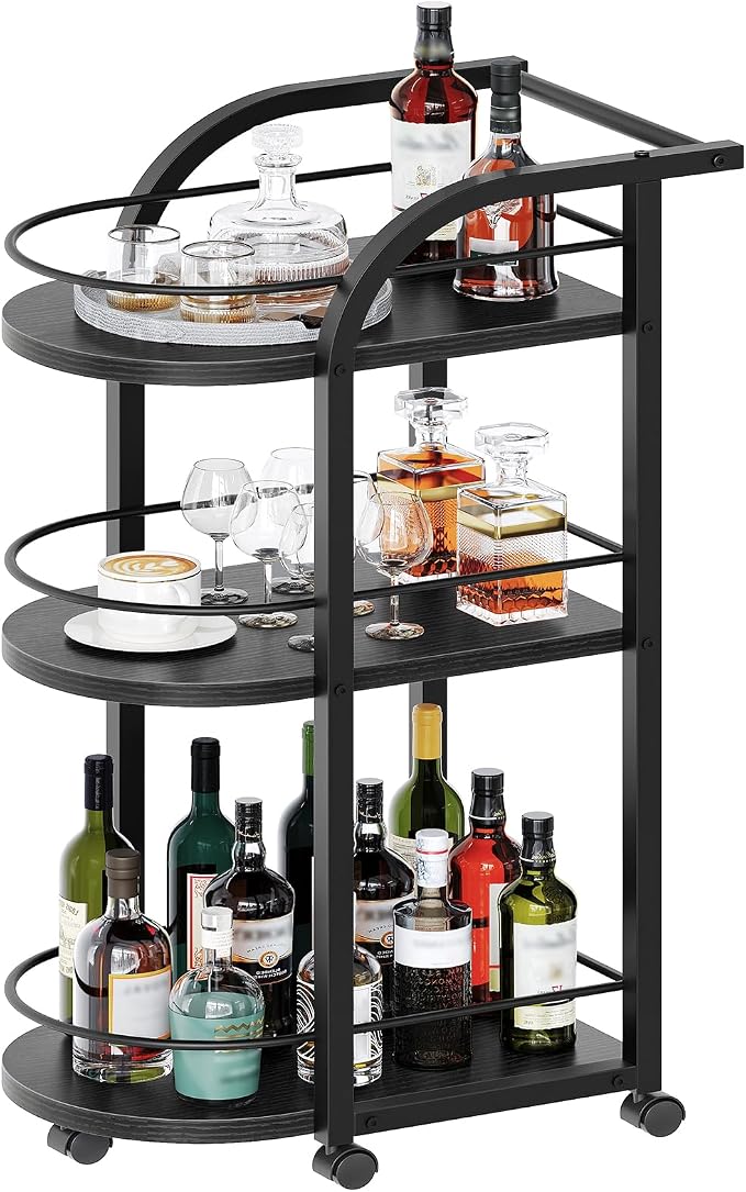 3-Tier Bar Cart, Home Bar Serving Cart with Fence and Wheels, for Dining Room, Living Room, Garden, Party, Black BC06BB