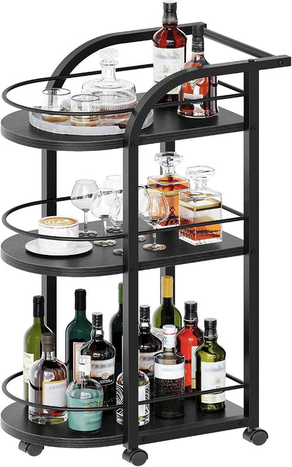 3-Tier Bar Cart, Home Bar Serving Cart with Fence and Wheels, for Dining Room, Living Room, Garden, Party, Black BC06BB