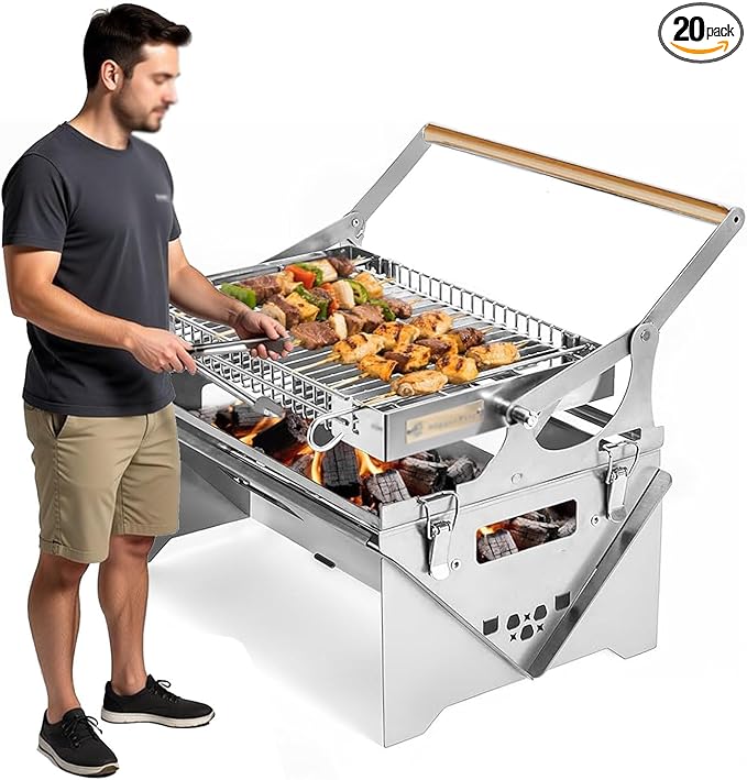 Flip Grill for BBQ, 360° Rotating Barbecue Grill, Stainless Steel Flipping Barbecue Grills, Grill Outdoor, Detachable Portable Charcoal Barbecue Grill for Picnic Yard Party