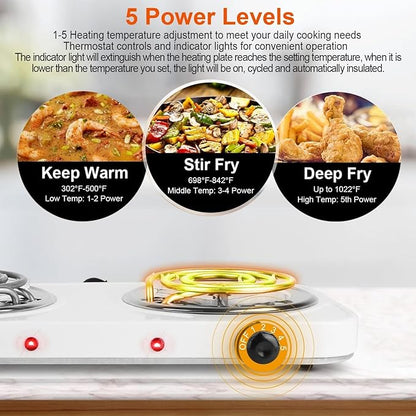 KOCASO 2000W Dual Burner Portable Electric Hot Plate with Coil Heating Elements, 5 Temperature Settings (302℉-1022℉), Non-Slip Rubber Feet for Countertop, RV, Dorm & Apartment Use