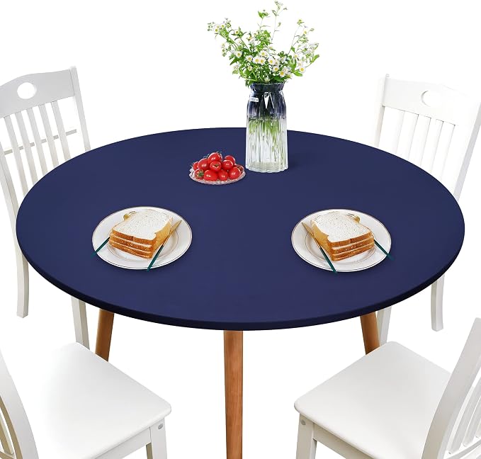 NEWISHER Round Fitted Table Cover Spandex Stretch Tablecloth Navy Blue Table Top Cover with Elastic Edged for Dining Picnic Patio 60 inch