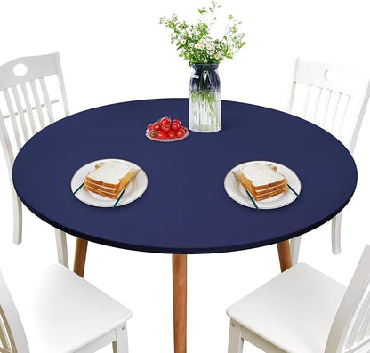 NEWISHER Round Fitted Table Cover Spandex Stretch Tablecloth Navy Blue Table Top Cover with Elastic Edged for Dining Picnic Patio 60 inch