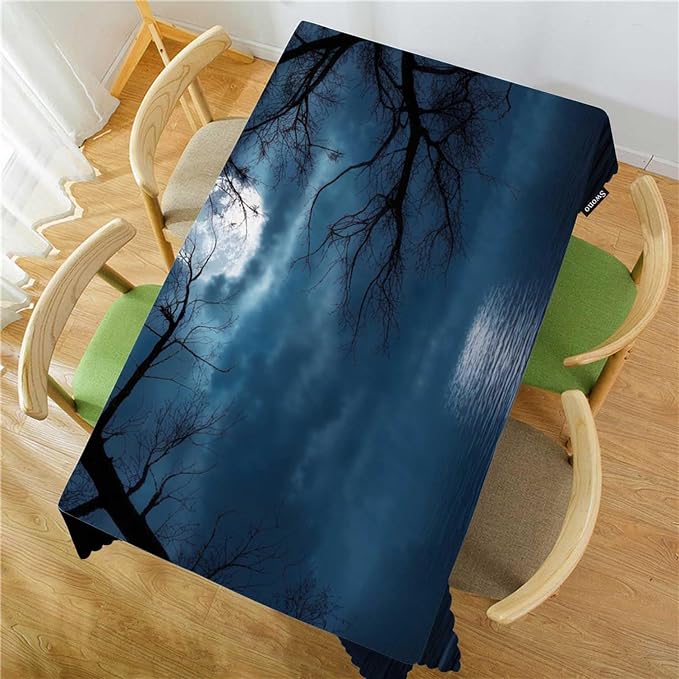 Swono Tablecloth Full Moon, Fantasy Forest Lake Full Moon Tree Branches Table Cloth for Kitchen Dining Tabletop Decoration Parties Weddings, 52 X 70 Inch Rectangle Tablecloth