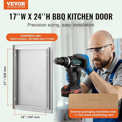 VEVOR BBQ Access Door, 17W x 24H Inch Single Outdoor Kitchen, Stainless Steel Flush Mount, Wall Vertical with Handle, for BBQ Island, Grilling Station, Outside Cabinet
