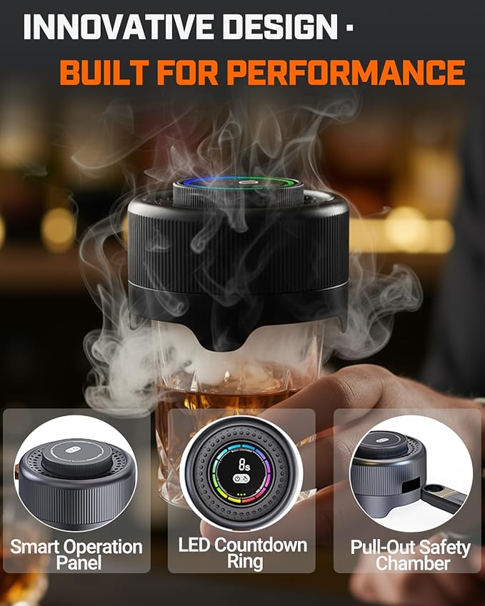 Electric Whiskey Smoker Kit with Adjustable Smoke Levels ＆ LED Timer Ring, Rechargeable Cocktail Smoker Kit with 6 Wood Chips, Old Fashioned Smoker Kit, Bourbon Gifts for Men, Dad, Husband, Black