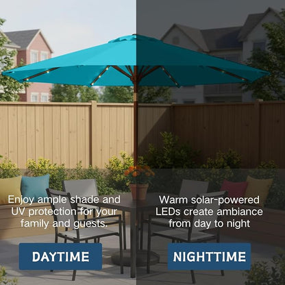 9' Solar LED Patio Umbrella with Tilt & Crank|8 Sturdy Ribs,UV Protection,Outdoor Market Table Umbrella for Deck,Lawn,Pool,Backyard(Light Blue)