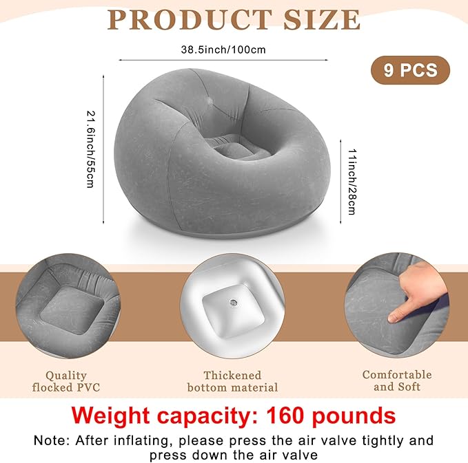 Realspring 6 9 12 Pcs Inflatable Bean Bag Chairs for Adults with Electric Air Pump, Blow up Couch Folding Portable Inflatable Couch Lazy Sofa for Outdoor Movie Night Camping(Grey,9 Pcs)