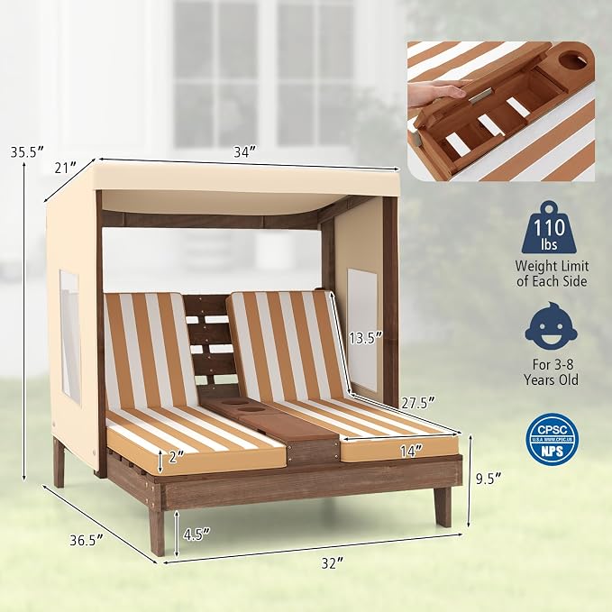 Kids Lounge Chair Outdoor, 2-Seat Toddler Patio Chair with Cushions, Cup Holders, Detachable Canopy, Wooden Double Chaise Lounge for Lawn, Pool, Garden, and Yard (Coffee)