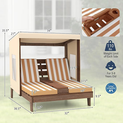 Kids Lounge Chair Outdoor, 2-Seat Toddler Patio Chair with Cushions, Cup Holders, Detachable Canopy, Wooden Double Chaise Lounge for Lawn, Pool, Garden, and Yard (Coffee)