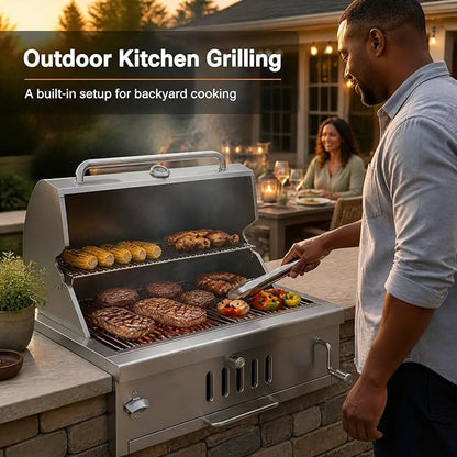 Built in Charcoal Grills for Outdoor Kitchen Island, Large Drop-in Barbecue Grill with Liftable Tray, Insulated Hood & Temp Gauge Heavy Duty Stainless Steel BBQ Grill for Family Parties Patio Cooking